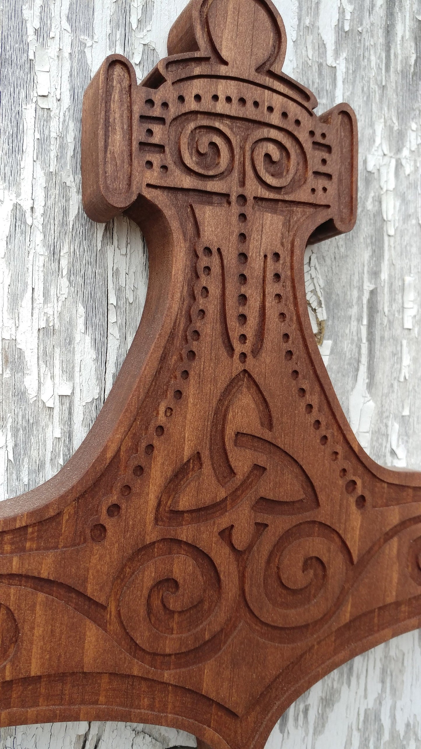 Mjolnir Wall hanging type C, hand routed and carved English Chestnut