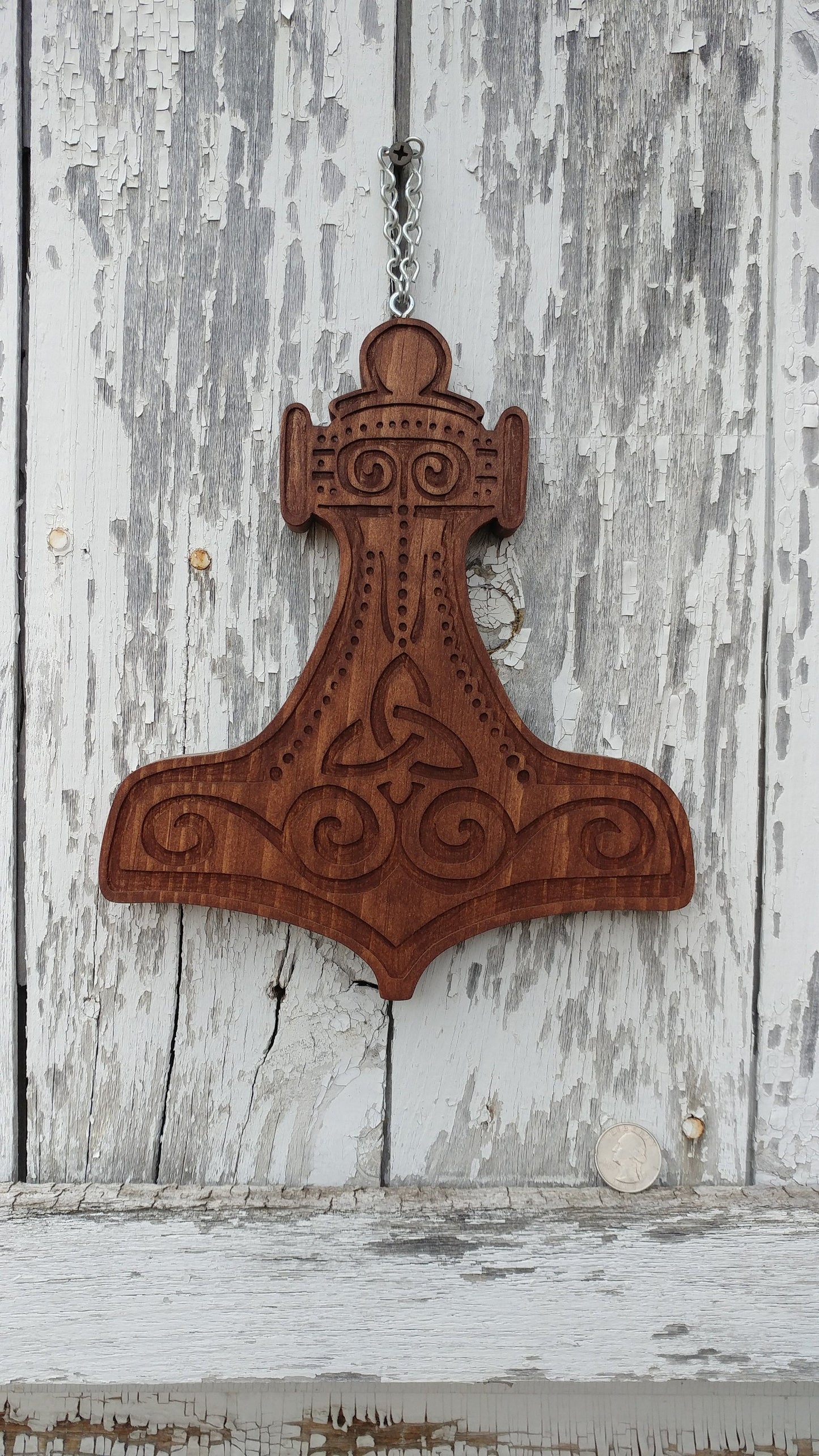 Mjolnir Wall hanging type C, hand routed and carved English Chestnut