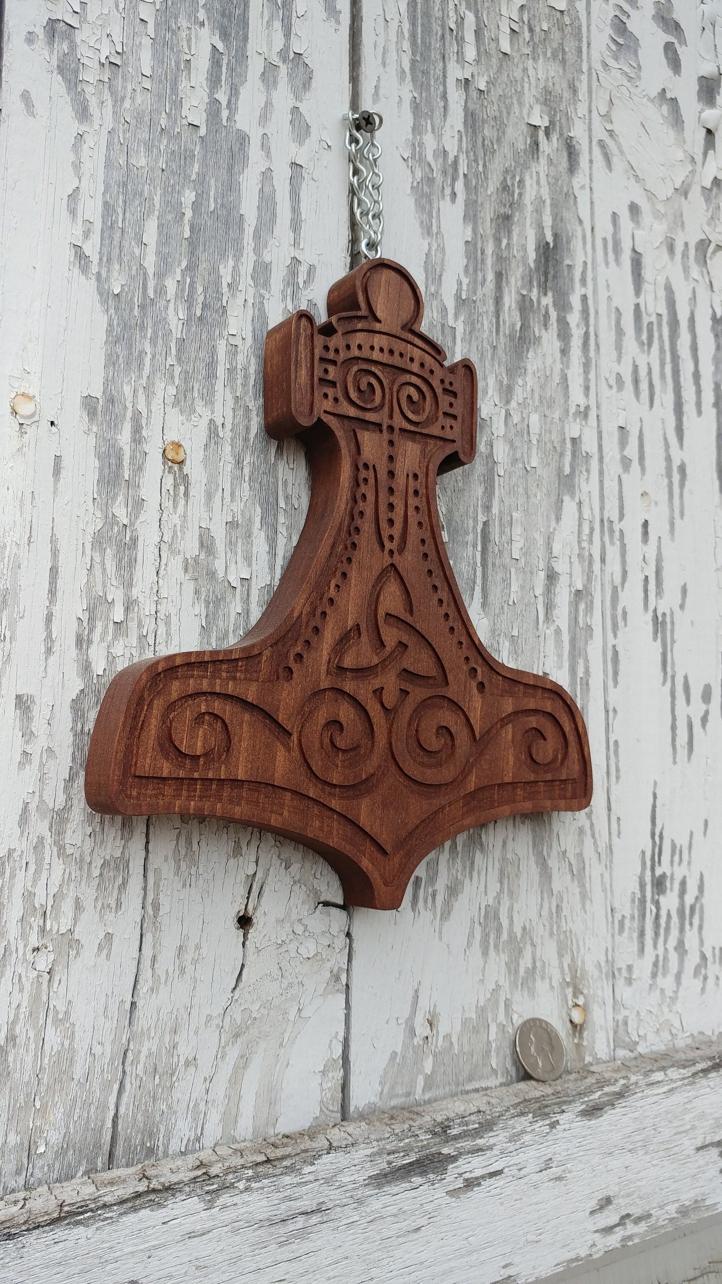 Mjolnir Wall hanging type C, hand routed and carved English Chestnut