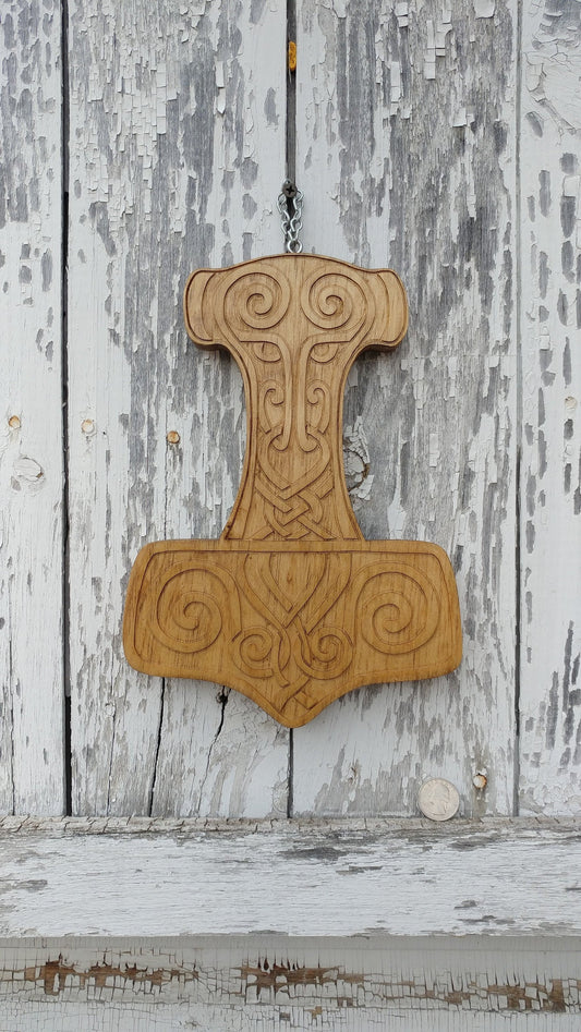 Mjollnir, Viking Norse Thor's Hammer Carving type B golden oak