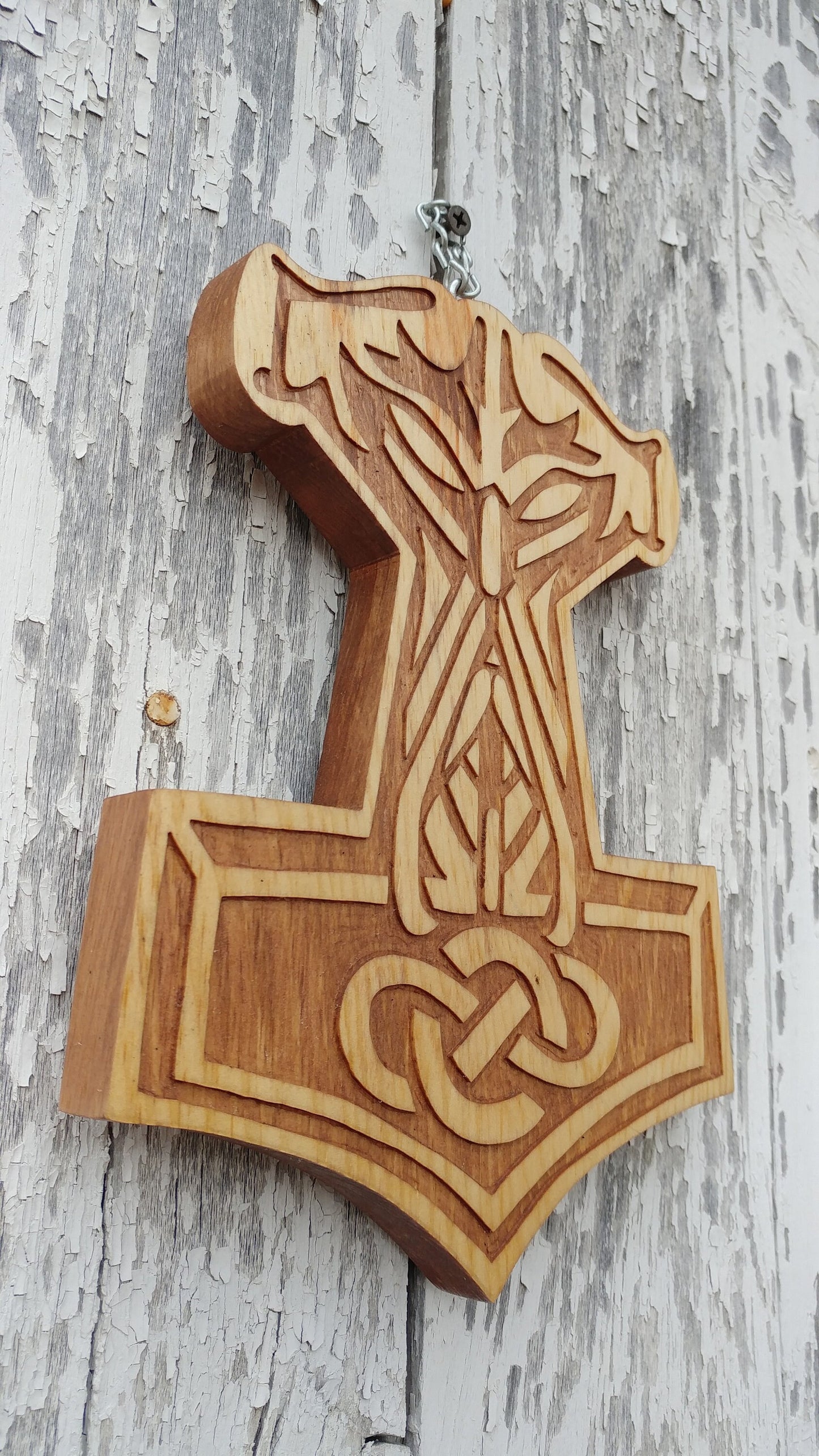 Mjollnir, Viking Norse Thor's Hammer Carving type A golden oak two tone