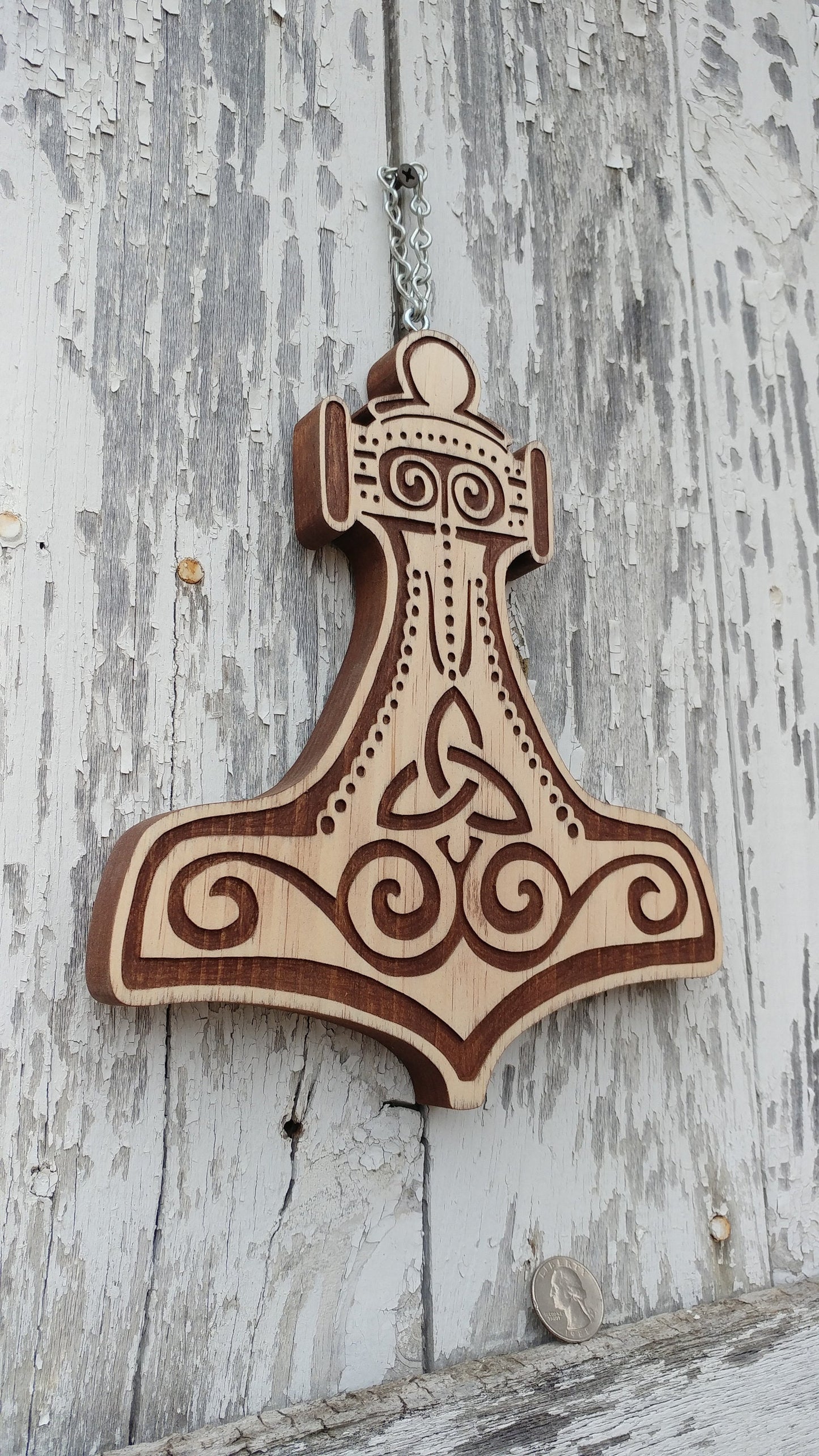 Mjollnir, Viking Norse Thor's Hammer Carving type C English Chestnut two tone