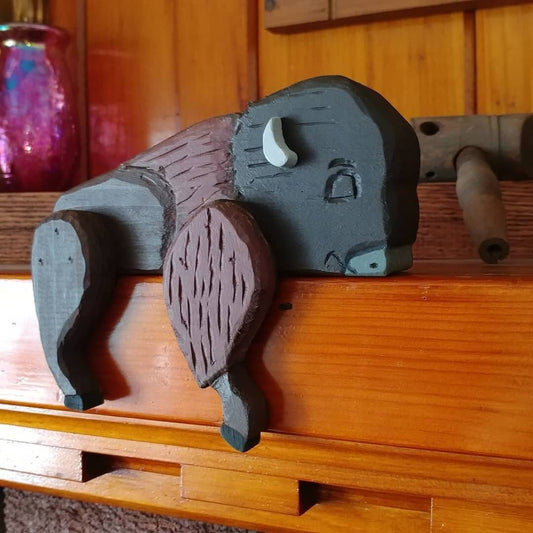 Small American animal Wooden Bison buffalo Shelf Sitter, right, 6"
