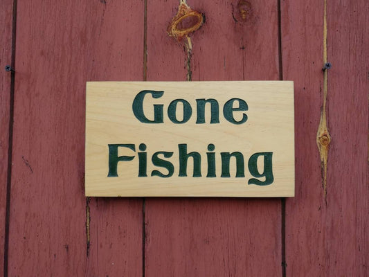 Gone Fishing, carved fisherman's angler sign